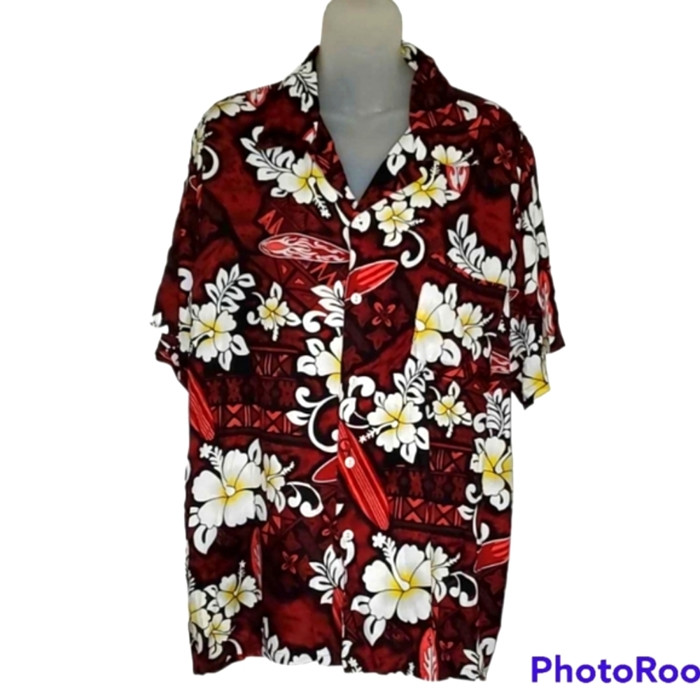 ALOHA Rayon Hawaiian Shirt Red Black Yellow Tropical Flowers Button